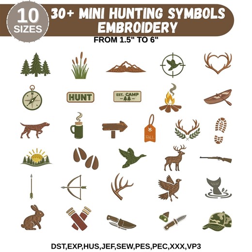 Mini Hunting Icons Machine Embroidery Designs, Hunting Fishing Designs, Fill Stitch Embroidery, Summers Holiday, 10 Sizes, Instant Download - Etsy