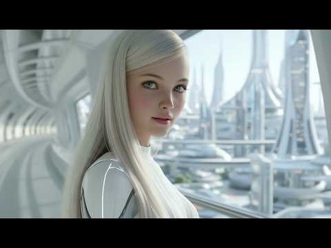 Android Girl Exploring a Beautiful Sci Fi Future with Humanoid Androids in the Year 2099