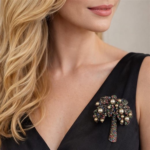 Vintage Palm Tree Pin, Pearl & Multicolor Rhinestone Brooch, Elegant Statement Tropical Brooch for Women, Unique Jewelry Gift - Etsy