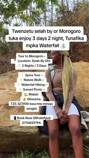 Tour to Morogoro – 📍 Location: Selah By Ohr ⏱️ 2 Nights / 3 Days 🔸 Spice Tour – 🔸 Nature Walk – 🔸 Waterfall Hiking – 🔸 Sunset Picnic – 🏡 Malazi: 🍽️ Full Board Package Inajumuisha: ✔️ Chakula (Breakfast, Lunch & Dinner) ✔️ Entrance fees ✔️ Tour guide ✔️ Burudani ✔️ Usafiri (Go & Return) 💰 Gharama: TZS 327,900 kwa mtu mmoja (single) 📲 Book Now (WhatsApp): 0710859744 #morogoro #visitdodoma #viraltiktok