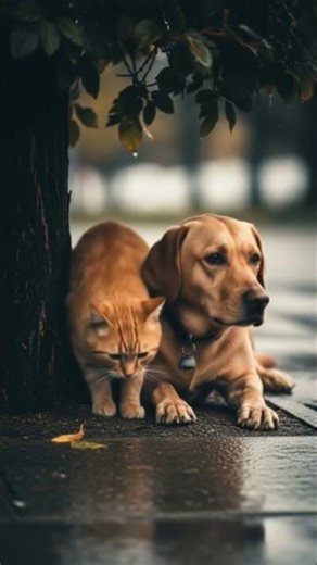 Cat and dog under tree in rain
