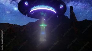 3D cgi of UFO kidnaping a person in desert against starry sky, zoom in
