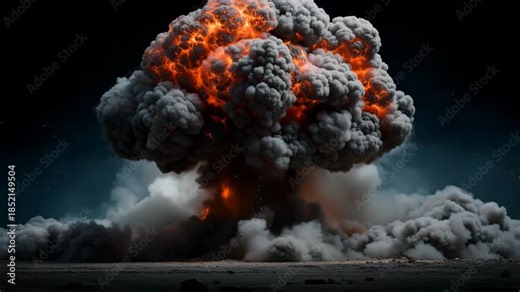 Massive Nuclear Explosion Fireball Mushroom Cloud Dark Sky Fiery Debris Sparks Intense Blast Wave Smoke Plume