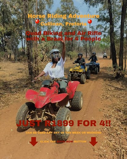 **R1899** 📍Pretoria Quad Biking with Air Rifle Target Shooting Braai for 4 people!!! https://horseridingadventure.co.za/product/quad-biking-air-rifle-braai-4/ ✅ Quad bike trail: 1-2 hours for 4 people ✅ Full braai for 4 ✅ Air Rifle Target Shooting for 4 ✅ All experience levels welcome ✅ Quads are easy-to-ride automatics ✅ All trips are guided by highly experienced Instructors for your safety 📍Location: Cullinan, Pretoria | Horse Riding Adventure