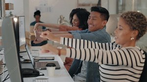 Business stretching and hand with computer at office stress relief with motivation for mental health. Company, employees and exercise at desk with technology for wellness with team for support.