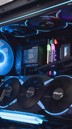Robbert - Tech | PC Builds | Lifestyle on Instagram: "Dreamy PC build in the Valkyrie VK02 case using the following components: Valkyrie V360 LCD CPU cooler, ASRock Z790 Riptide WiFi, GeIL EVO V DDR5 memory, PNY RTX5090, EZDIY FAB multi-angle GPU mount with RGB module, 🏷️ #ezdiyfab #valkyrie #pny #geilmemory #gamingpc #pcbuilds #pcbuilding"