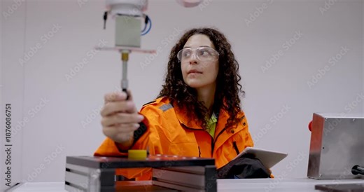 female technician asian adult examining robotic arm closely with inspection tool while analyzing movement during automation training in smart robotics lab for engineering calibration and testing