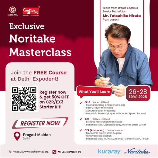 Exclusive Noritake Masterclass with Mr. Tatsuhiko Hirata from Japan! Delhi Expodent ✨ Noritake Masterclass with Mr. Tatsuhiko Hirata (Japan) at Pragati Maidan, Delhi • 26–28 Dec 2025 — Learn EX-3 & CZR layering, esthetic restorations, staining & glazing. Register now & get 50% OFF on Starter Kit! Bhopal – People’s Dental Academy 🔥 Noritake Masterclass at People’s Dental Academy, Bhopal • 24 Dec 2025 — Learn EX-3 & CZR ceramic artistry from Japan’s master technician. Fee ₹1000 FREE Starter Kit w