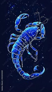 A cosmic illustration of a blue scorpion surrounded by stars and a dark background.