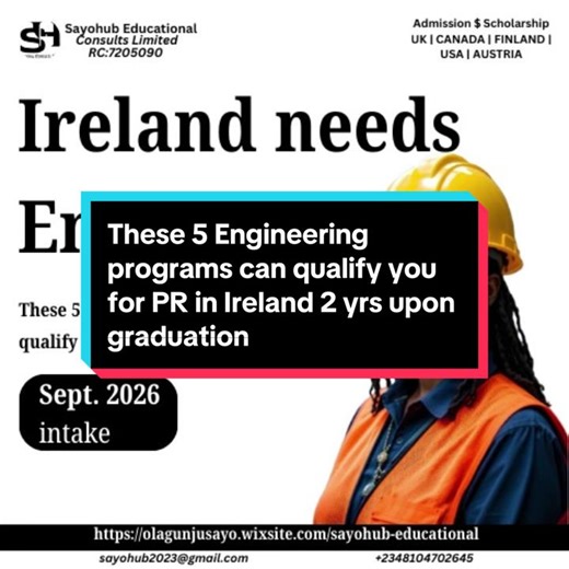 These 5 Engineering Programs can qualify you for permanent residency in Ireland 🇮🇪 2 years upon graduation 🧑‍🎓. Because these programs falls under the critical occupational lists . Affordable tuition and scholarship is available. For more information and inquiries you can book a paid consultation session with us . WhatsApp: 971553926130 | 2348104702645 .@Sayohubeducation @SAYOHUB EDUCATION #creatorsearchinsights #fyppppppppppppppppppppppp #fypシ゚ #fyp #ireland