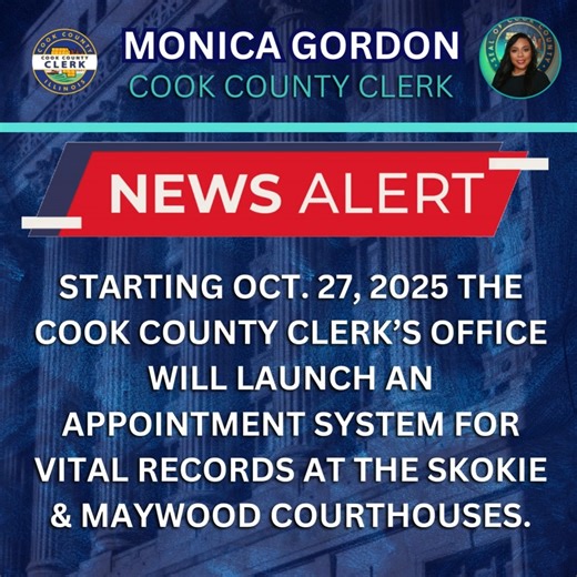 📢Attention Suburban Residents! We’re introducing an appointment system for Vital Records services at Skokie & Maywood Courthouse starting Oct. 27th! This change is part of a broader modernization effort to reduce wait times and enhance the overall vital records customer experience. Your time matters, and we’re here to make every visit smoother for you. ❤️ #CookCountyClerk #MonicaGordon #VitalRecords #BetterService #Clerkgordonhasyourback | Cook County Clerk Monica Gordon