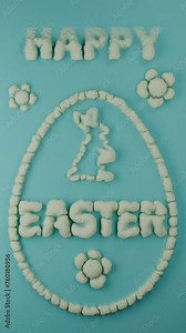 Loop 3d animation for the Easter holiday. Vertical animation of the appearance of blisters on the surface, bubbles forming a picture of an Easter egg, flowers, a rabbit and the text "Happy Easter"