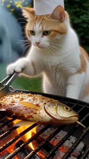 “Chef Cat Grills Fish and Eats | Funny Realistic Cooking Video”