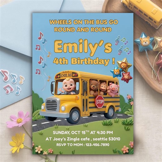 Wheels on the Bus Birthday Invitation , Kids 1st Birthday Invite , Toddler Cartoon Theme Party Printable - Etsy