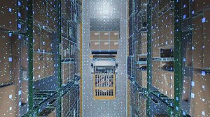 3D animation of a warehouse with forklifts top view.3D Render.