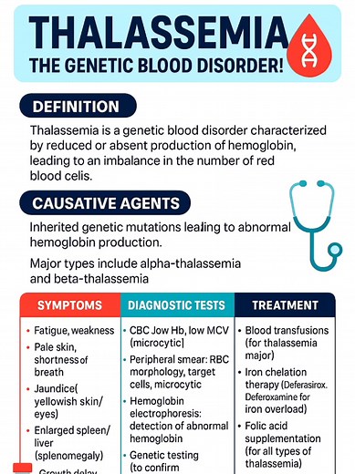 🩸 Thalassemia Explained: A Genetic Blood Disorder,Fatigue, pale skin, or shortness of breath? This condition affects hemoglobin production. Learn about tests (CBC, electrophoresis) and treatments (transfusions, chelation therapy). *Early diagnosis saves lives!* 💙 #ThalassemiaAwareness #BloodDisorder #Thalassemia #GeneticDisorder #AnemiaAwareness #BloodHealth #RareDisease #Hematology #MedicalEducation #IronOverload #HealthAwareness #StayInformed