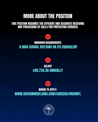 Now Hiring: 9-1-1 Call Takers! We are looking for dedicated individuals ready to make a difference in our community. Apply NOW: https://www.governmentjobs.com/jobs/5077229-0/911-operator-emergency-call-taker | Miami Police Department