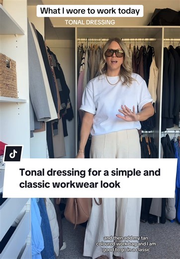 Don’t know what to wear to work? I’ve got you! Tonal dressing is such an easy and classic way of putting together an outfit that you know just *works*. Also, how fabulous are these linen wide leg pants?! #workwear #workwearinspo #summerworkwear #casualworkwear #officefashion