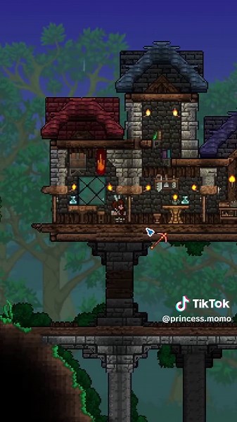 building cute townhouses on top of a large bridge. my biggest terraria build yet! #terraria #building #town