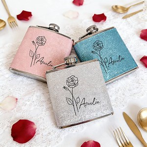 Custom Birth Flower Flask, Personalized Women's Flask, Bridesmaid Flask, Bridal Party Gift, Bridesmaid Gift, Custom Name Glitter Flask - Etsy
