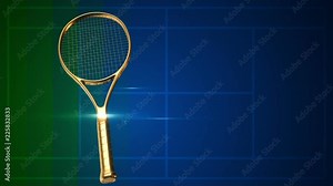 Animation of racket for tennis on color background as silhouette of tennis court. View of close-up with realistic texture and light.