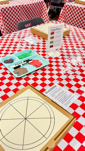 Shelley on Instagram: "FRACTION PIZZERIA 🤌🏼🤌🏼 This was a BLAST and sooo easy. Here’s what I did: 1. The only things I bought were the table cloths and pizza boxes. 2. Each table had table cloths, a box for each kid, pizza template, toppings (cut up paper), and directions 3. Kids had to make a pizza using at least 3 different combinations of toppings 4. Once their pizzas were made they had to describe their pizza using fractions (EX. 3/8 is pepperoni + sausage, 4/8 is bell pepper + olive, and