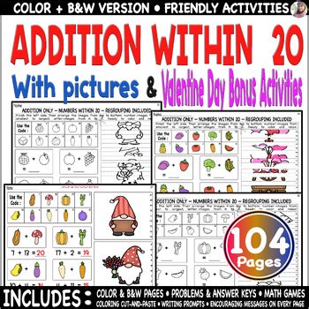 Addition Within 20 Valentine Worksheets + Bonus Cut & Paste Color Code Try Plus