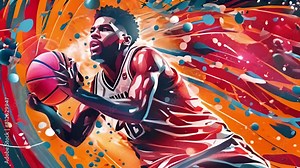 Illustration of dynamic basketball abstract art with paint splatters, dynamic, colorful, explosion, vibrant, sports background. Slam Dunk in Action