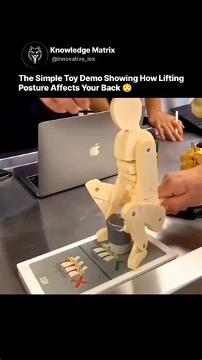 KNOWLEDGE MATRIX on Instagram: "A simple toy demonstration explains how lifting posture changes the amount of force on the spine. When a load moves away from the body and the back bends forward, the spine works like a long lever. This increases pressure on the lower vertebrae and discs. Research in ergonomics shows spinal load rises several times when the torso leans forward while lifting. When the knees bend and the back stays straight, the load stays closer to the body. The hips and leg muscle