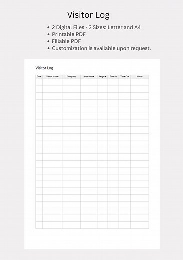 Visitor Log Printable & Fillable PDF | Visitor Sign in Sheet| Digital Download - Etsy UK