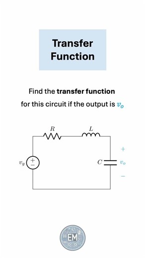 ElectricalMath on Instagram: "Let’s find the transfer function of this series RLC circuit. The transfer function of a linear, time-invariant (LTI) system (in this case, the given circuit) is the ratio of the output signal (in this case, the capacitor voltage) to the input signal (in this case, the voltage source). The transfer function of an LTI system completely characterises it; it allows us to find the output of the system to an arbitrary input. For this reason, you can think of the transfer 