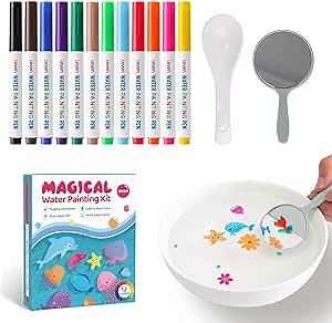 Leven Magical Water Painting Drawing Set for Kids, Floating Ink Pens 12 Colors, Dry Erase Whiteboard Marker, Includes Ceramic Spoon and Mirror