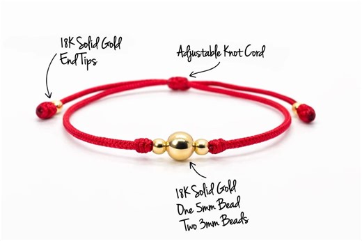 18k Solid Gold Lucky Red String Bracelet with Gold Beads – Minimal Adjustable Bracelet – Meaningful Gift for Her or Him