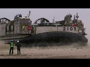 Japanese Navy Giant Hovercraft Beach Landing, Unload Vehicles and Return to Sea