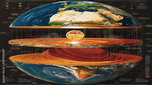 Detailed cross-section of Earth illustrating different layers including crust, mantle, outer core, and inner core along with key continental features