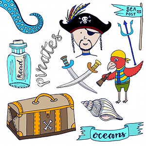 Cartoon pirates set. Hand drawn kids collection. Doodle vector...