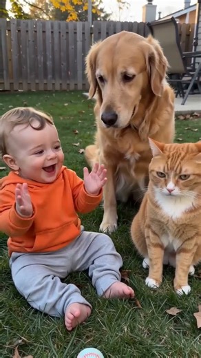 Baby, Golden Retriever & Cat Together 🥹❤️ The Cutest Trio! #cutebaby