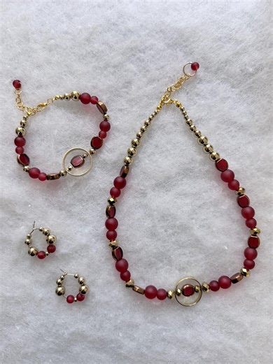 Handmade Red Glass Jewelry Set, Gold Accent Choker, Bracelet, Earrings - Etsy