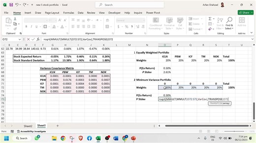 Creating Five Stock Portfolios in Excel | Equal Weighted, Minimum Variance, Optimized, Five Stocks P