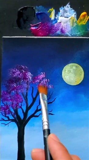 Moon and tree with acrylic paint. #art #flowerpainting