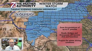 8.8K views · 56 reactions | A Winter Storm Watch is in effect starting Tuesday evening for a large part of West Texas and southeast New Mexico. Accumulating snows of up to 3 to 6 inches will cause hazardous travel by early Wednesday. | First Alert 7 | Facebook