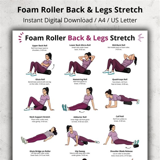 Foam Roller Back & Legs Stretch Poster, Printable Foam Roller Exercises Chart, Back Stretches Exercises, Home Workout PDF Wall Art - Etsy Israel
