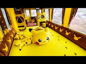 Pokemon train! The whole train is covered with Pikachu. Sightseeing in Japan.