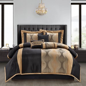 Lanco Black Gold Comforter Set , King Size , 7 Pieces Fashion Jacquard Bedding Set