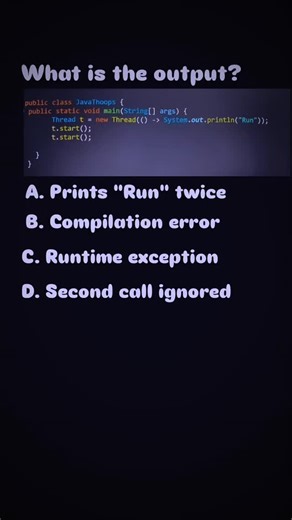 JavaThoops on Instagram: "🔥 Day 28 – Java Interview Series 🔥 This code looks simple… but crashes in real interviews 😱 👉 Can we start the same Thread twice? 👉 Output or Exception? 🤔 💡 Most asked multithreading trick question 💬 Comment your answer before reading explanation! 👍 Like | 📌 Save & Share for interview prep 🚀 #javainterview #javadeveloper #trickycode #threads #javathoops"