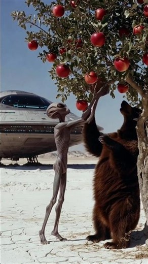 An alien ship drops an apple and the bear gives it water to make it bigger 😭😭 #alien #apple #bear .