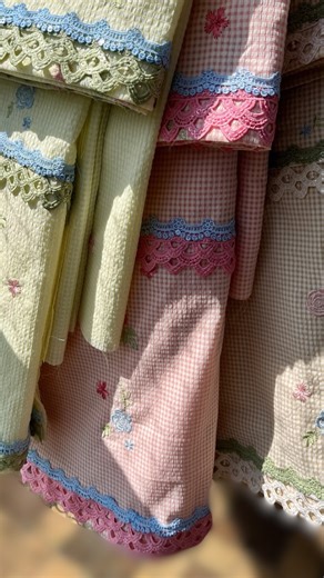 Bare & Basic on Instagram: "Light beige, soft peach, and lemon yellow come together in the most delicate way 🌼 Crafted in imported cotton seersucker with all-over machine embroidery, finished with subtle lace details — airy, textured, and effortlessly elegant. . . . #ridabusiness #mumena_the_great #dawoodibohracommunity #ridacollection #ridashopping"