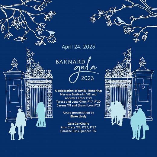 #BarnardGala will be held on Monday, April 24, 2023, at 583 Park Avenue in New York City and online!🥂🌼 Honoring: 💙Maryam Banikarim ’89 and Andrew Lerner P’21 💙Teresa and Jone Chen P’17, P’20 💙Serena ’91 and Shawn Levy P’21 Award presentation by: 💙Blake Lively Join Gala co-chairs—Trustees Amy Crate ’94, P’24, P’27 and Caroline Bliss Spencer ’09—alongside Barnard College President Sian Leah Beilock and our distinguished honorees for an electric evening that celebrates the inimitable #Barnard