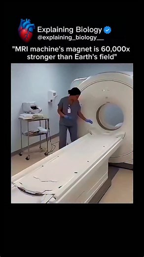 Explaining Biology on Instagram: "🧲🤯 MRI machine’s magnet is 60,000× stronger than Earth’s magnetic field! This machine doesn’t just “scan” you… it uses a super-powerful magnet 💥 So powerful that even small metal objects can fly like missiles — that’s why NO metal is allowed inside MRI rooms 😳 🧠 Why MRI needs so much power • The magnet aligns hydrogen atoms in your body • Radio waves push them out of position • When they relax, they release signals • Computers turn those signals into ultra-
