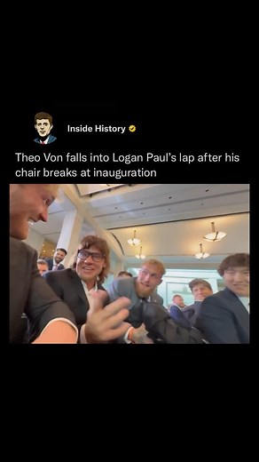 Inside History on Instagram: "Make chairs great again 🪑🇺🇸 During the inauguration, podcaster Theo Von’s chair gave way while Logan Paul was recording speeches at the Capitol. The chair collapsed, causing Von to humorously topple backwards! Attendees in the surrounding seats, including Logan’s brother Jake Paul, react with shock, and some of them with more than a little frustration. Off-camera, an audible shushing sound is heard from someone angry at the disruption. Like our content? Follow us